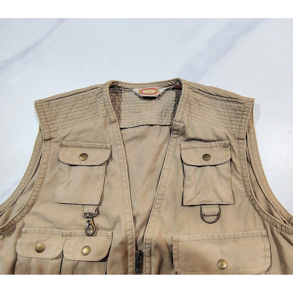 Vintage 80s Banana Republic Safari Vest Mens L Tan Khaki Cotton Utility Fishing - Picture 2 of 7